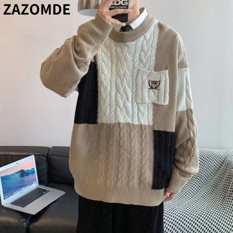 ZAZOMDE Winter Handsome Plaid Sweater Men Harajuku High Street Jumper Thick Warm Kintted Pullover Men Causal Patchwork Sweaters - Executive-Skincare