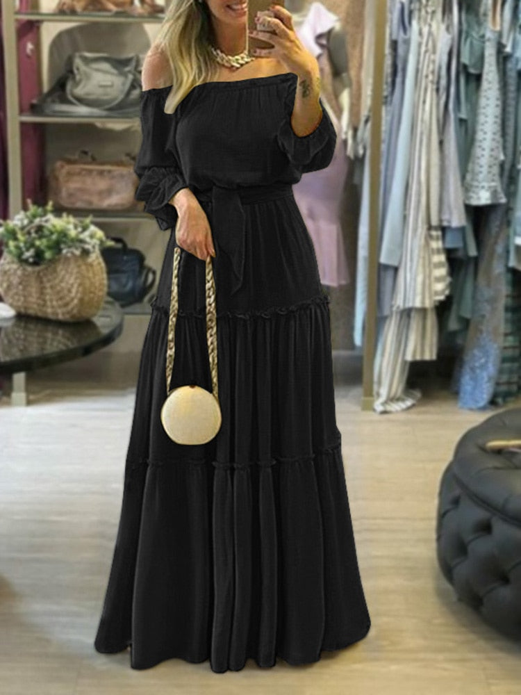 ZANZEA Fashion Off Shoulder Vestidos Female Lace Up Belted Dresses Beach Holiday Ruffle Robe Womens Bohemian Long Maxi Dress - Executive-Skincare