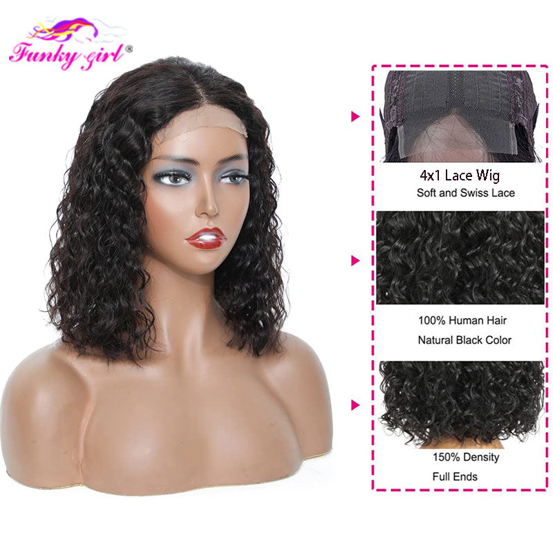 Short Curly Bob Wig Water Wave Human Hair Wigs Remy Brazilian 13x1 4x1 Bob T Part Lace Wig For Women Natural Black 180% Density - Executive-Skincare