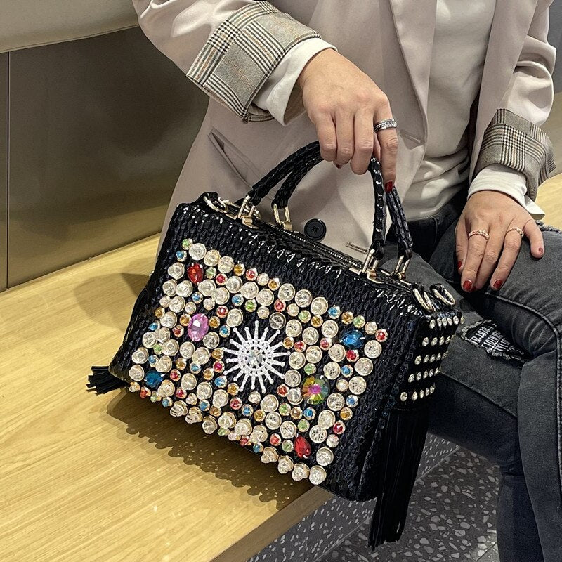 New Luxury Fashion Brand Women&#39;s Handbag Genuine Leather Tassel Fashion Rhinestone Large Capacity Female Shoulder Crossbody Bags - Executive-Skincare