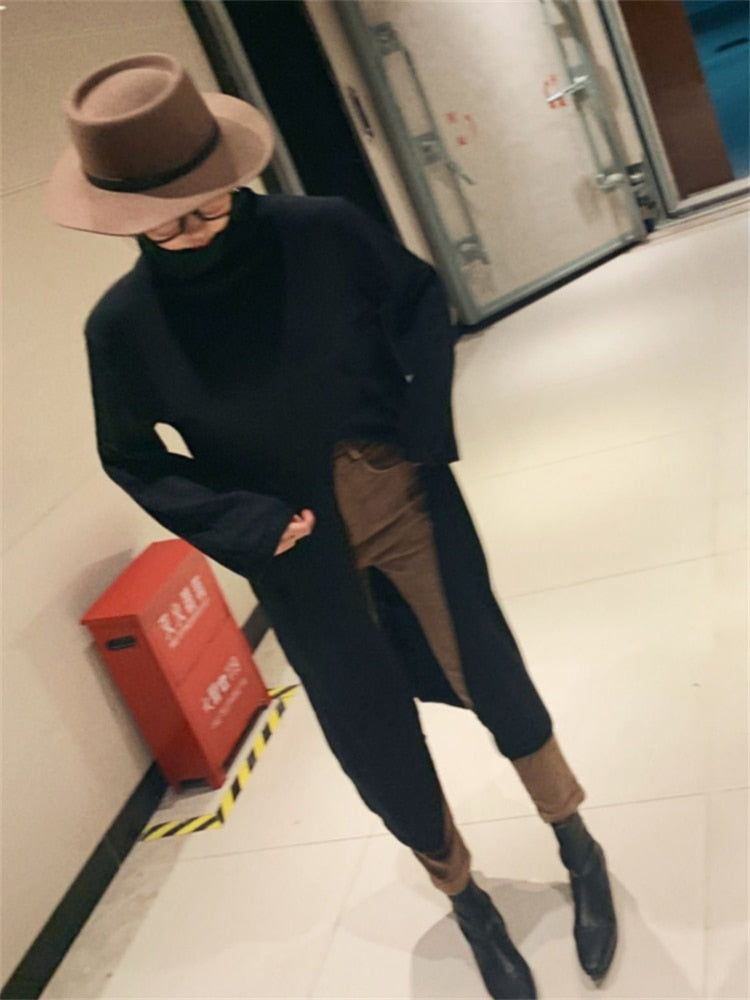 Women Dress Sweater Women Dress Thick Winter Fall Long Sleeve Knitted Dresses Maxi Vintage Oversize Knitting Turtleneck Black - Executive-Skincare