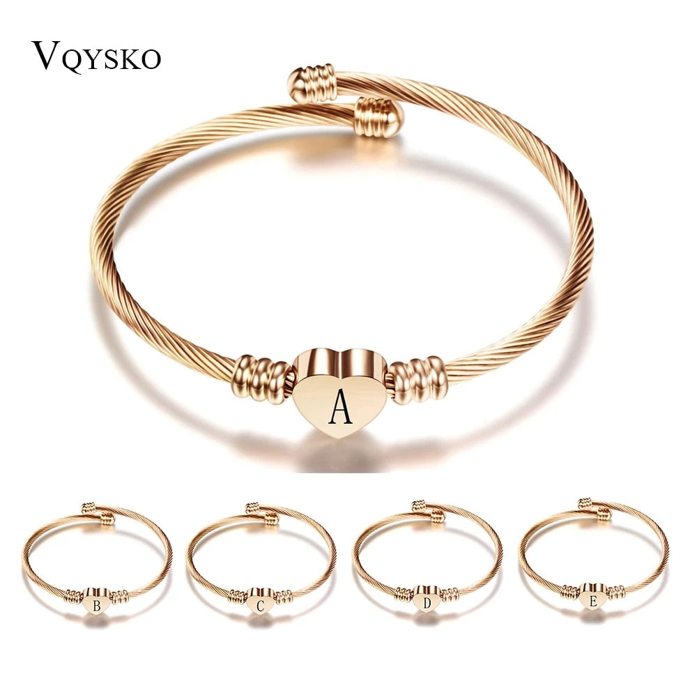 Rose gold Color Stainless Steel Heart Bracelet Bangle With Letter Fashion Initial Alphabet Charms Bracelets For Women - Executive-Skincare