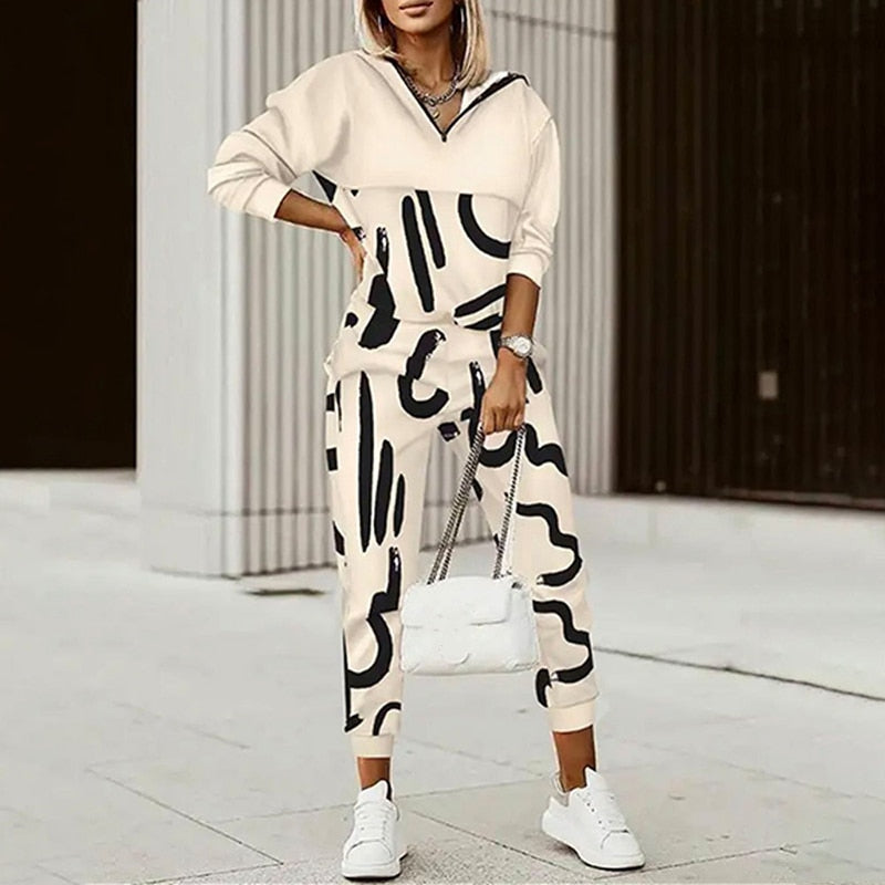 Hooded Long Sleeve Spring Autumn Pants Suit Women Print Tops Loose Pants Two Piece Set Vintage Patchwork Pockets Office Lady Set - Executive-Skincare