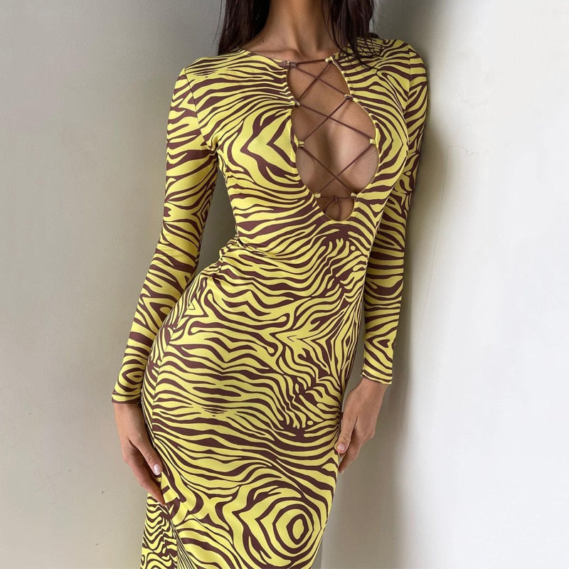 WJFZQM Lace Up Hollow Out Midi Dress Women Zebra Print Long Sleeve Bodycon Sexy Streetwear Party Club Festival Clothes 2022 - Executive-Skincare