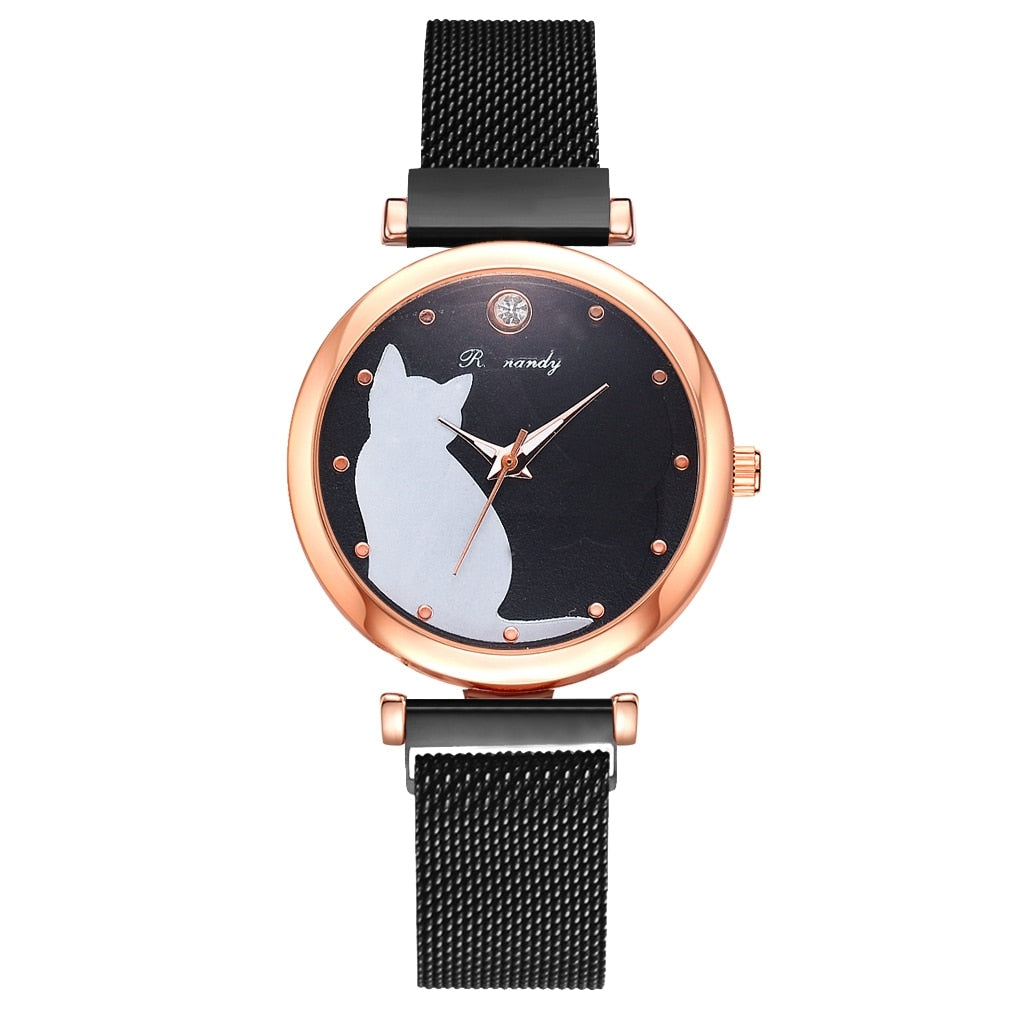 Fashion Watch Set Women 5pcs Quartz Wristwatch Mesh Bracelet Cat Dial Luxury Woman Watch Casual Ladies Clock Relogio Femenino - Executive-Skincare