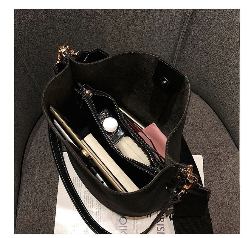 Brand design luxury ladies bucket PU shoulder bag single shoulder large capacity messenger broadband female solid color handbag - Executive-Skincare