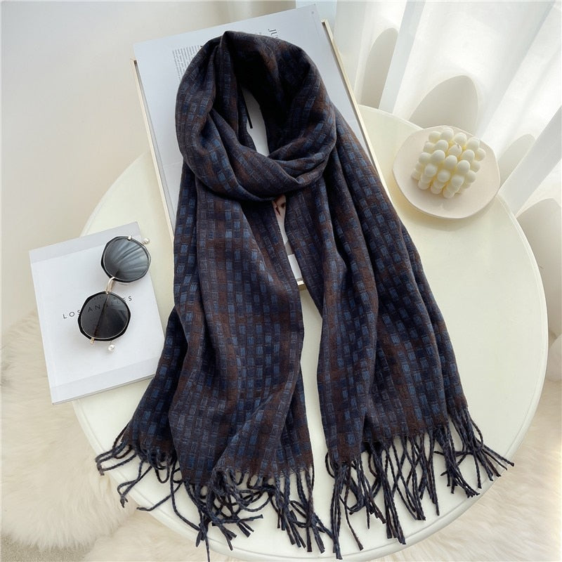 Luxury Plaid Scarf Winter Warm Cashmere Women Long Pashmina Foulard Female Scarves Lady Tassel Shawl Wraps 2022 Design New - Executive-Skincare