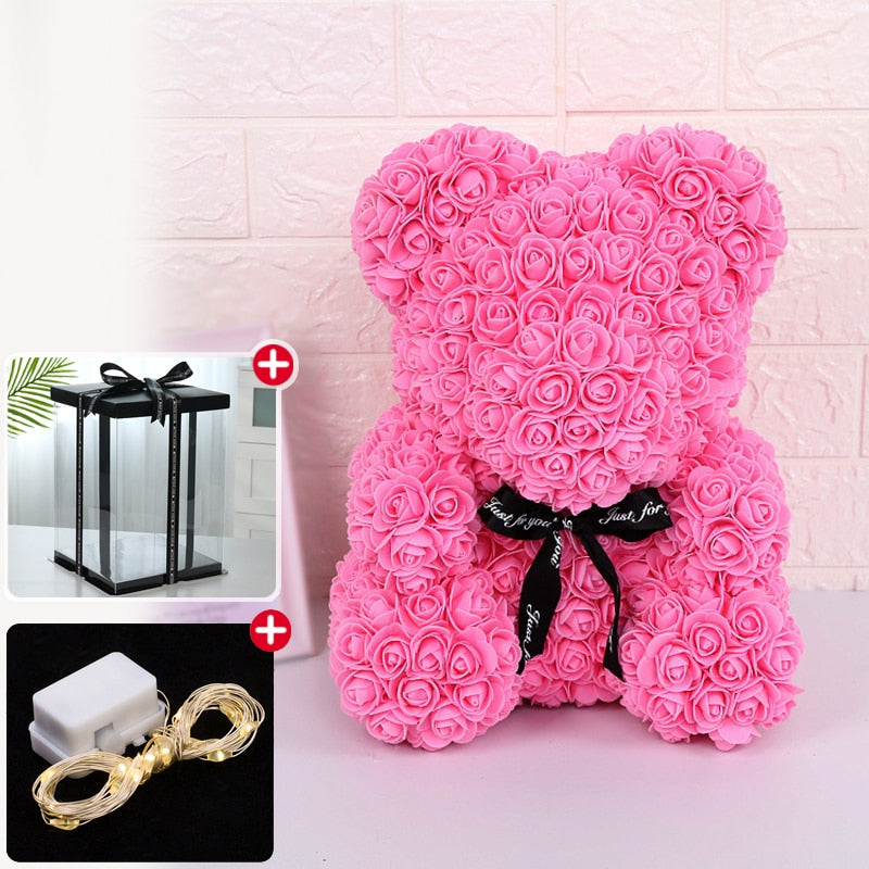 Rose Bear Artificial Flower With Box and Light Rose Teddy Bear Wedding Decor Christmas Women Valentines Girlfriend Birthday Gift - Executive-Skincare