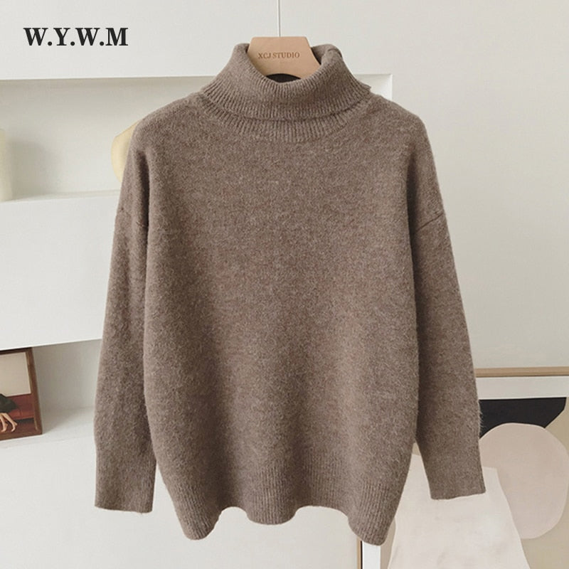 WYWM Turtle Neck Cashmere Sweater Women Korean Style Loose Warm Knitted Pullover 2021 Winter Outwear Lazy Oaf Female Jumpers - Executive-Skincare