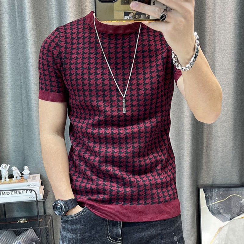 3 Color Short Sleeve Knitting T-Shirt Men Slim Streetwear Color Contrast T Shirt Men Tee Shirt Homme Social Club Outfits Tshirt - Executive-Skincare