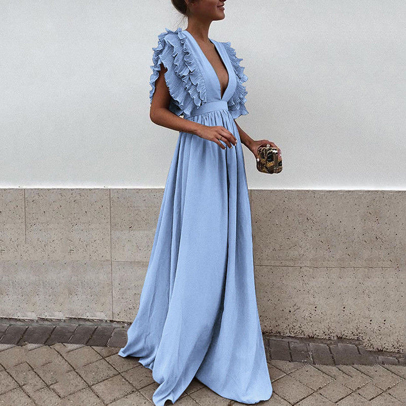 Formal Party  Dress Women Deep V-Neck Long Dress Elegant Flying Sleeves Backless Maxi Evening Dresses Robe De Soiree - Executive-Skincare