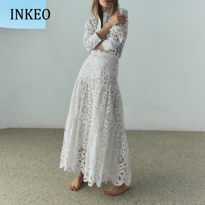 Party White lace blouse tops and skirt Women Summer Sexy embroidery hollow out Female shirt 2 piece set suit INKEO 2T105