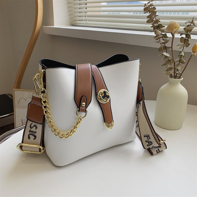 Small Women Bucket Shoulder Bags Contrast Color Leather Ladies Messenger Bag Broadband Crossbody Bags Casual Designer Handbags - Executive-Skincare