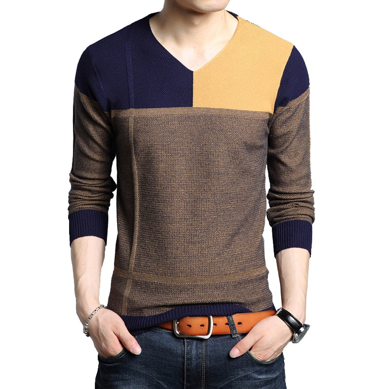 BROWON Men Autumn Sweater Long Sleeve Sweater Male Color Match Casual Splicing Design Slim Sweaters Outwear Hot Sale - Executive-Skincare