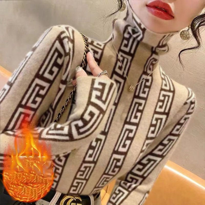 Slim Fashion Turtleneck Warm Printed Tops Women Autumn Winter New Casual Vintage Commute Long Sleeve T-shirt Female Clothing - Executive-Skincare