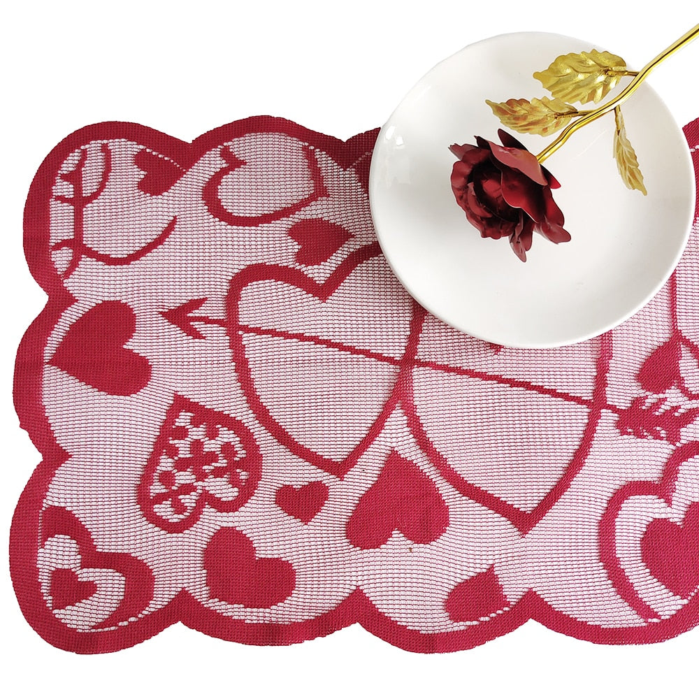 Valentine&#39;s Day Table Runner Placemats Love Heart Hollow Lace Table Runner for Wedding Valentines Party Decorations Supplies - Executive-Skincare