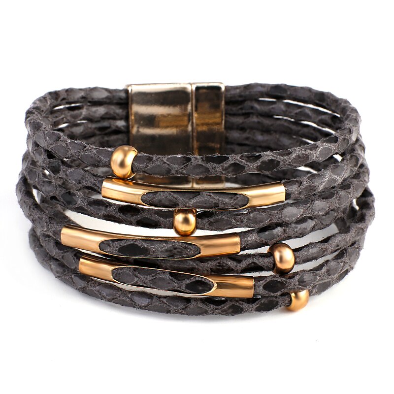 ALLYES Snake Pattern Leather Bracelets for Women 2022 Fashion Exaggerated Multilayer Wide Wrap Bracelets & Bangles Charm Jewelry - Executive-Skincare