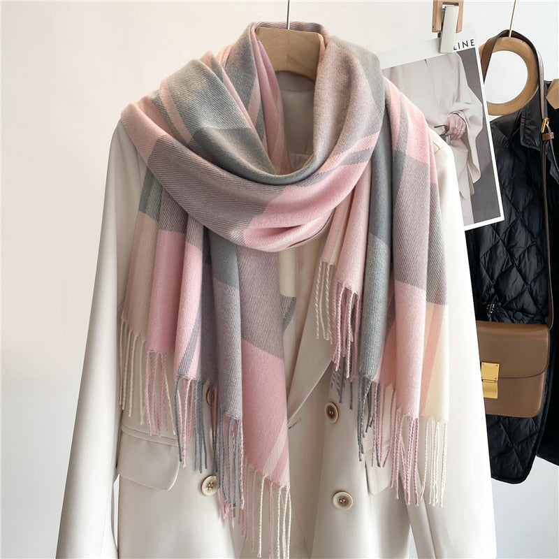 Luxury Plaid Scarf Winter Warm Cashmere Women Long Pashmina Foulard Female Scarves Lady Tassel Shawl Wraps 2022 Design New - Executive-Skincare