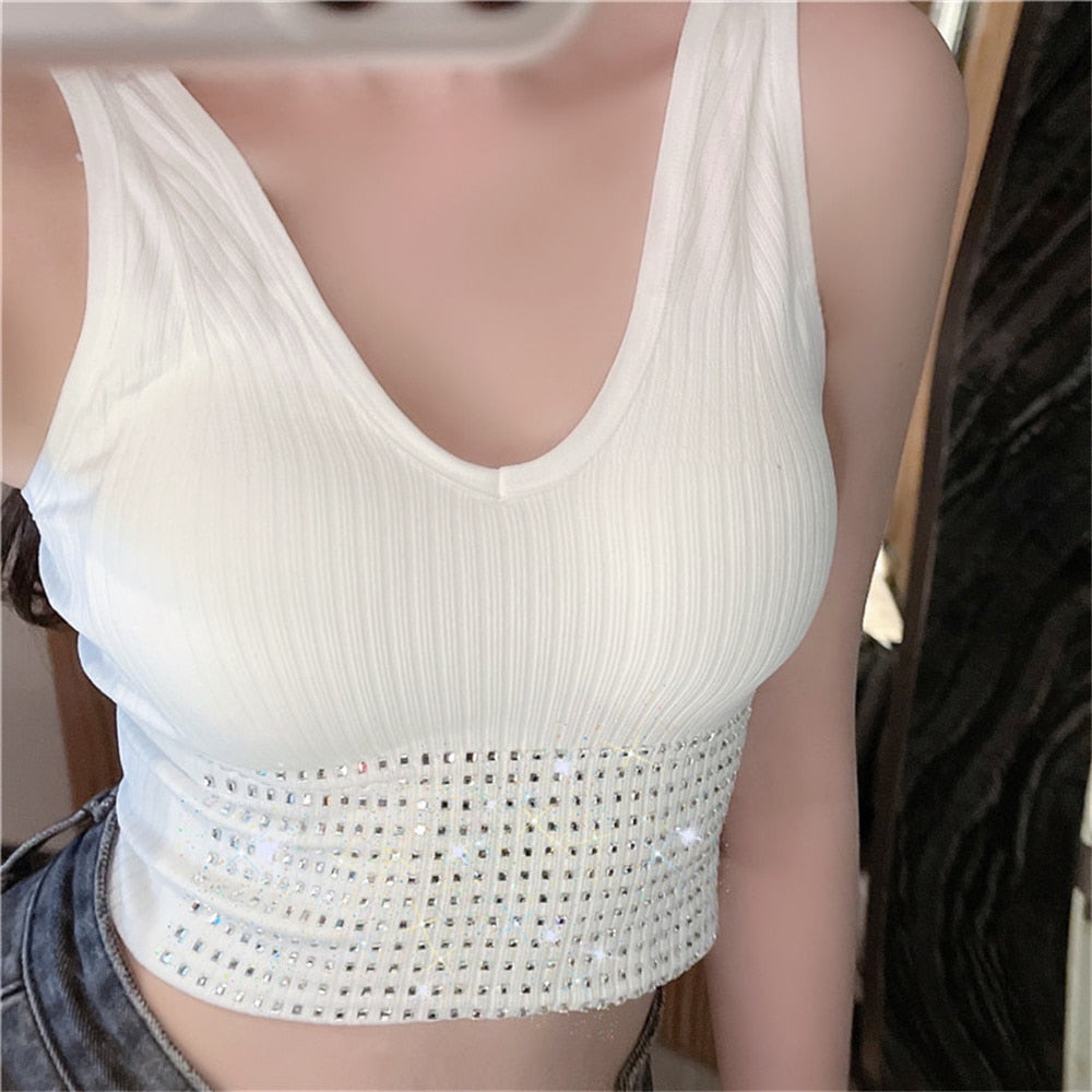 Summer Crop Top Women With Rhinestones O-neck Sleevelss Cropped Feminino Camisole Vest Sexy Knit Backness No Rims Tee Top Corset - Executive-Skincare