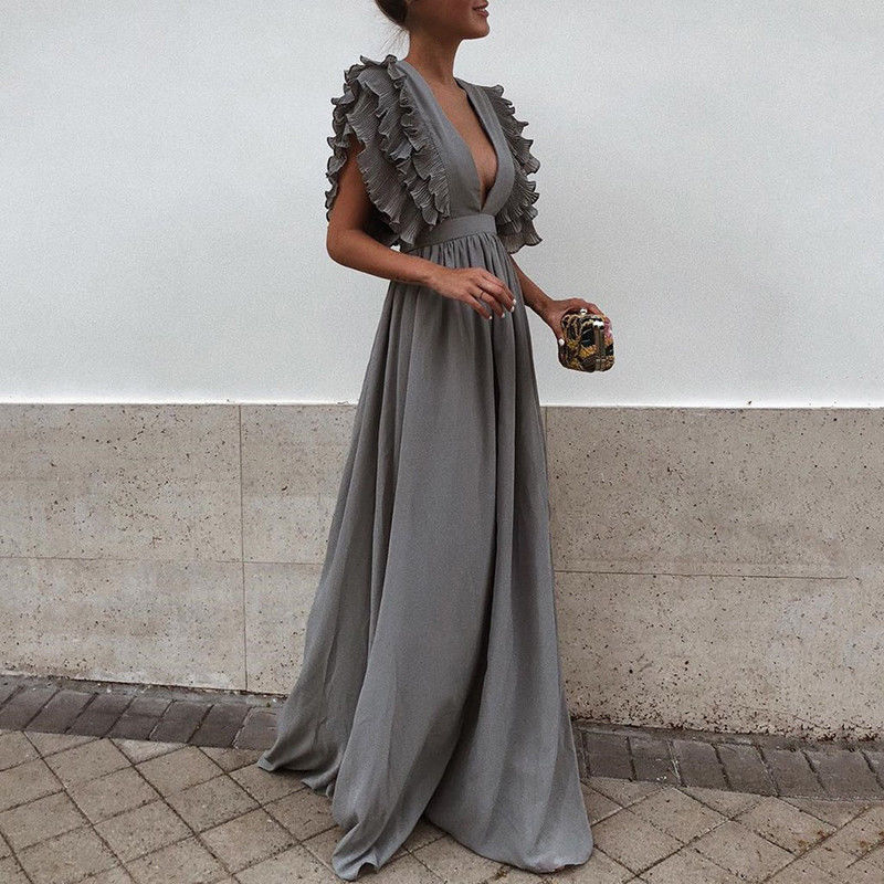 Formal Party  Dress Women Deep V-Neck Long Dress Elegant Flying Sleeves Backless Maxi Evening Dresses Robe De Soiree - Executive-Skincare