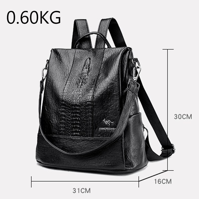 High Quality Soft Leather Ladies Backpack Fashion Crocodile Pattern Women&#39;s School Bag Solid Color Retro Casual Travel Backpacks - Executive-Skincare