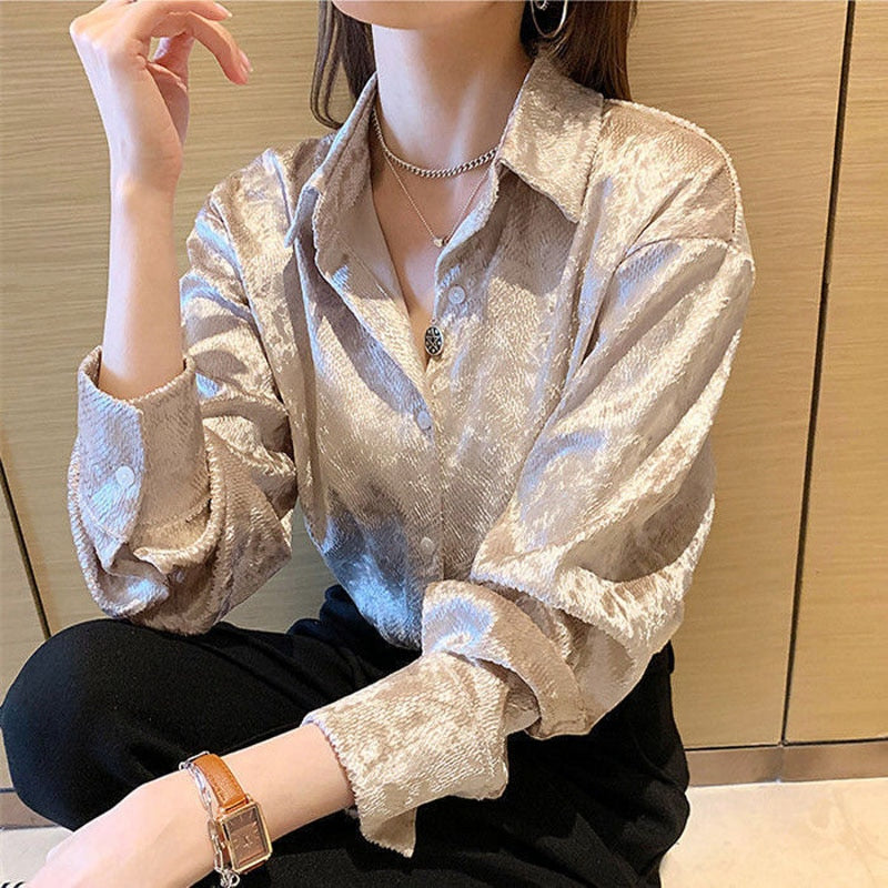 Korean Chic Bright Solid Color Single-breasted Blouse Female Casual Long Sleeve Polo-Neck All-match Shirt Women&#39;s Clothing New - Executive-Skincare