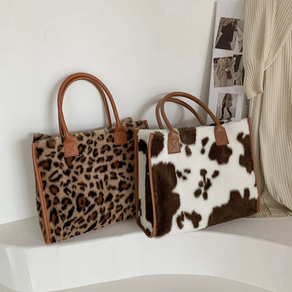 Top-Handle Bags Retro Cow Leopard Print PU Leather Plush Design Autumn Winter Fashion Small Women Small Handbags - Executive-Skincare