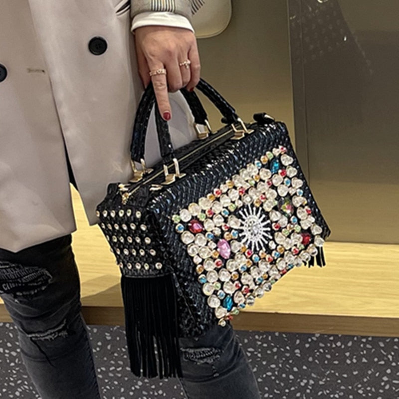 New Luxury Fashion Brand Women&#39;s Handbag Genuine Leather Tassel Fashion Rhinestone Large Capacity Female Shoulder Crossbody Bags - Executive-Skincare