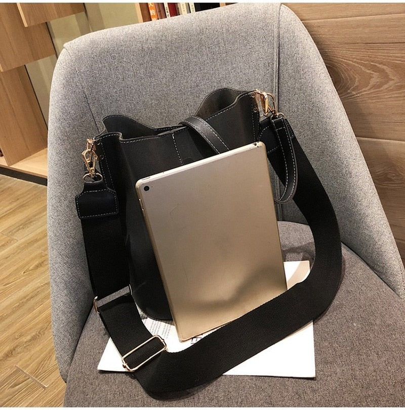 Brand design luxury ladies bucket PU shoulder bag single shoulder large capacity messenger broadband female solid color handbag - Executive-Skincare