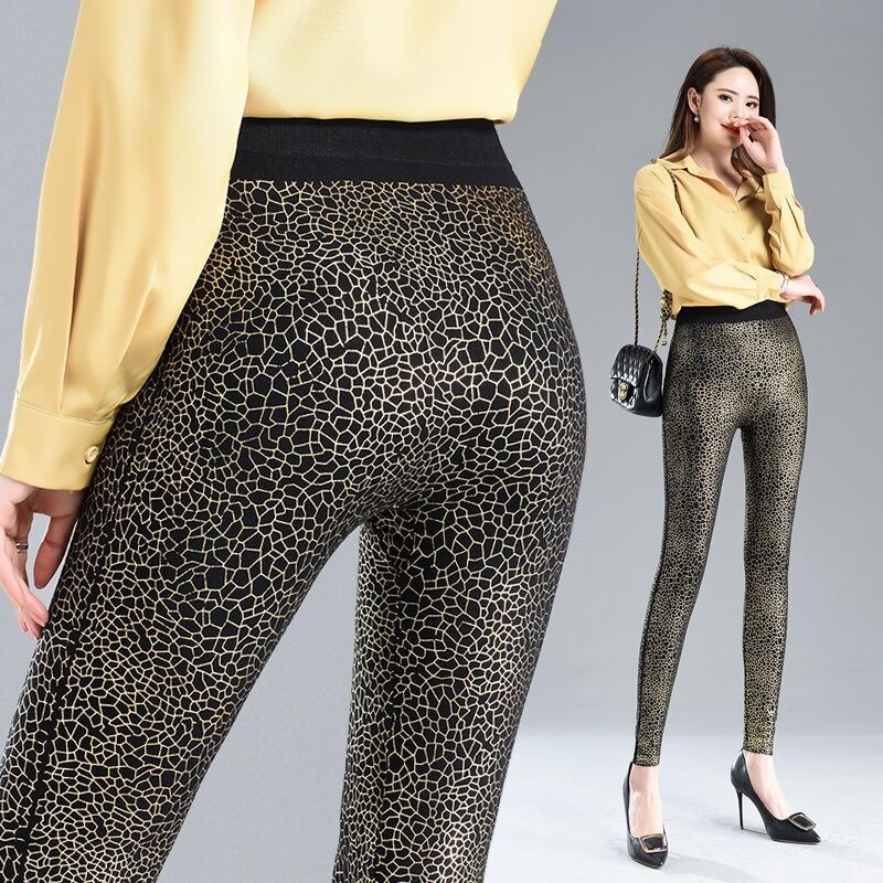 Autumn Winter Sequin Floral Women&#39;s Glitter Warm Velvet Leggings Pants High Waist Elastic Black Bottoms Pencil Trousers - Executive-Skincare