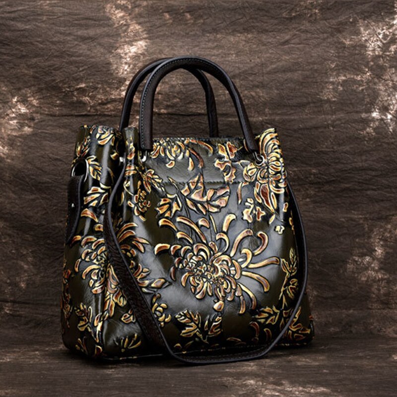 Natural Skin Embossed Messenger Shoulder Female Handbag Tote Bags Floral High Quality Genuine Leather Women Top Handle Bag - Executive-Skincare