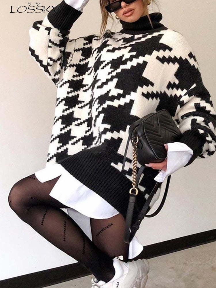 Long Sweater Dress Autumn Winter Fashion Houndstooth Black Turtleneck Long Sleeve Knit Pullover Tops Clothes For Women 2022 Fall - Executive-Skincare