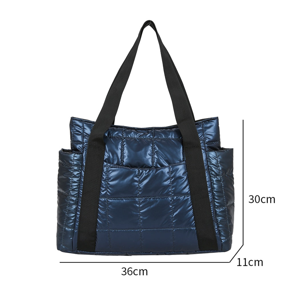 Autumn Winter Nylon Women Large Capacity Handbags Casual Quilted Lattice Shoulder Bags Female Solid Color Shopping Bags Tote - Executive-Skincare