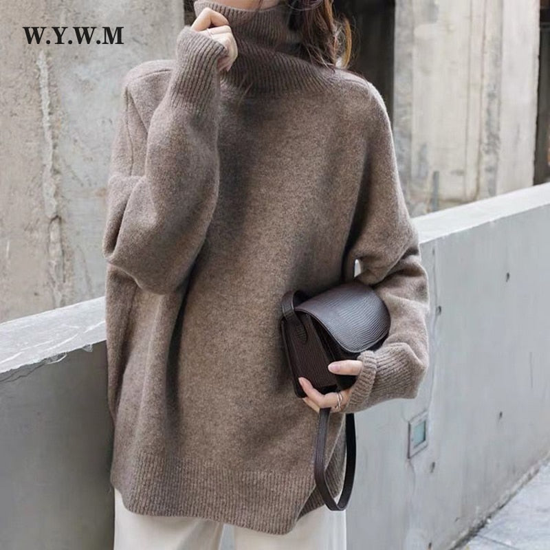 WYWM Turtle Neck Cashmere Sweater Women Korean Style Loose Warm Knitted Pullover 2021 Winter Outwear Lazy Oaf Female Jumpers - Executive-Skincare