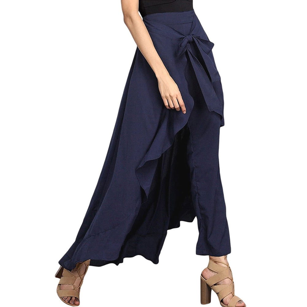 Women Palazzo Pants  Causal Ruffle Drawstring Trouser Elegant High Waist Irregular Loose Pure Color Autumn Female Pant Skirt - Executive Quality Store