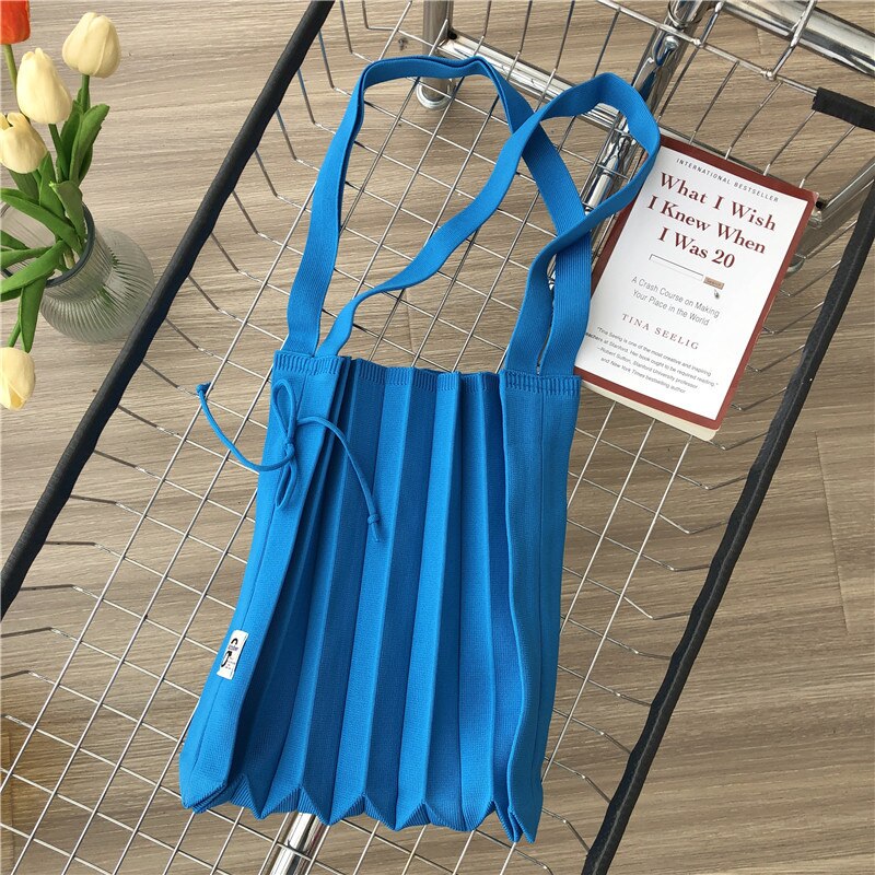 Female Wool Knitted Pleats Tote Organ Bag Designer Chic Stitching Contrast Korean Fashion Shoulder Shopper Handbag For Women - Executive-Skincare