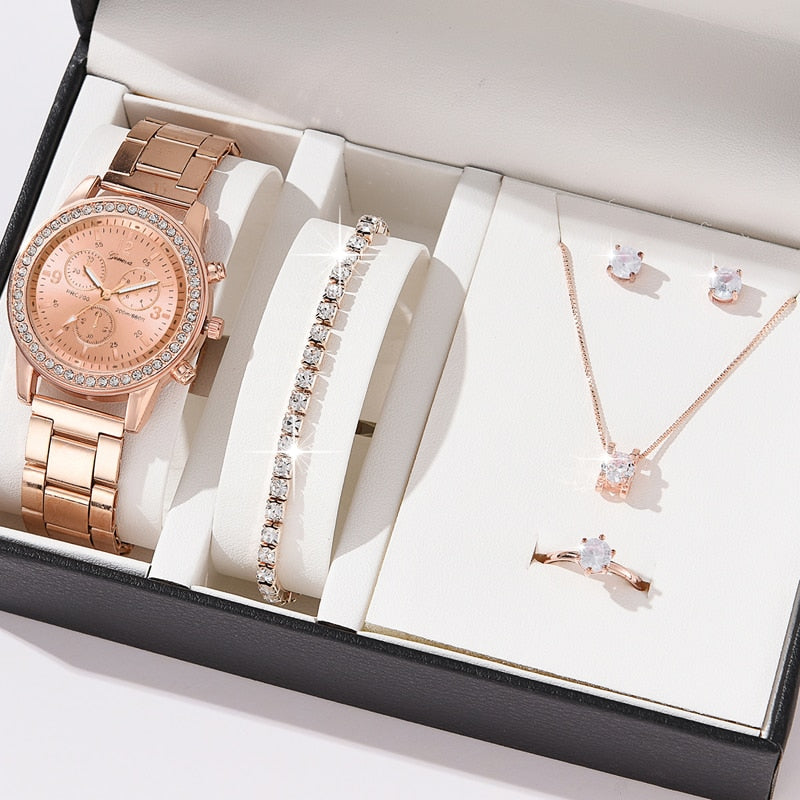 6PCS Set Luxury Watch Women Ring Necklace Earrings Rhinestone Fashion Wristwatch Female Casual Ladies Watches Bracelet Set Clock - Executive-Skincare