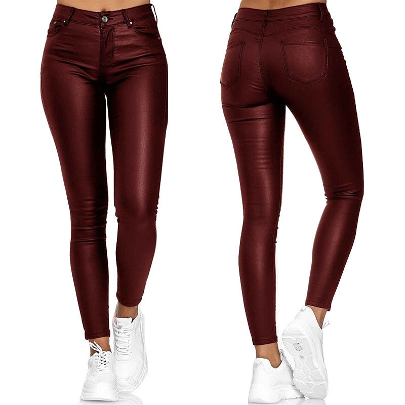 New Autumn PU Leather Pants Women High Waist Skinny Push Up Leggings Elastic Trousers Plus Size Spandex Jeggings Black - Executive-Skincare