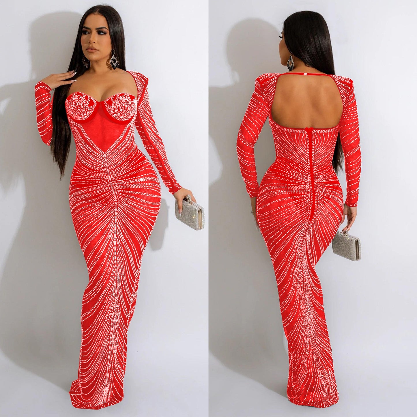 Diamonds Sheer Mesh Maxi Party Dress Women Strapless Backless Long Sleeve Bodycon Long Clubwear Robe Female Birthday Gifts - Executive-Skincare