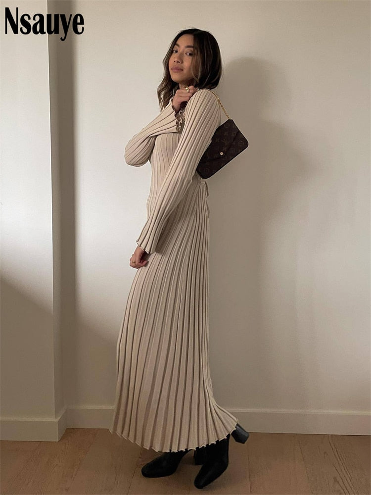 Nsauye Knitted Dresses For Women 2022 Autumn Winter Elegant Pleated Long Dresses Long Sleeve V Neck Casual Slim White Maxi Dress - Executive-Skincare