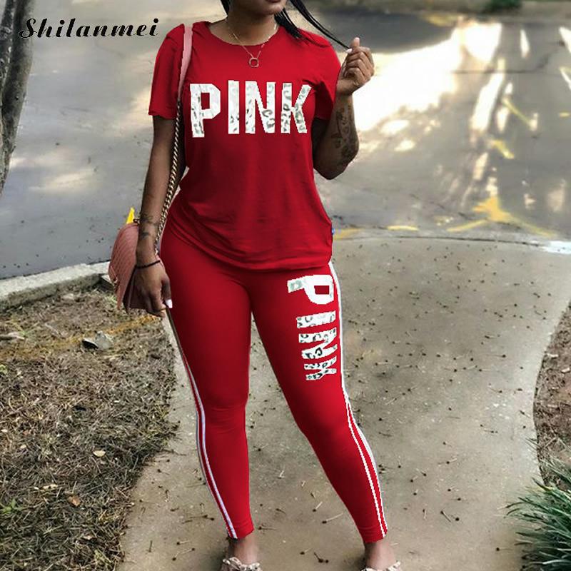 2022 New Tracksuit For Women Pink Letter Print Two Piece Sets Casual 2 PCS Outfits Short Sleeve T Shirt Pants Suits Matching Set - Executive Quality Store