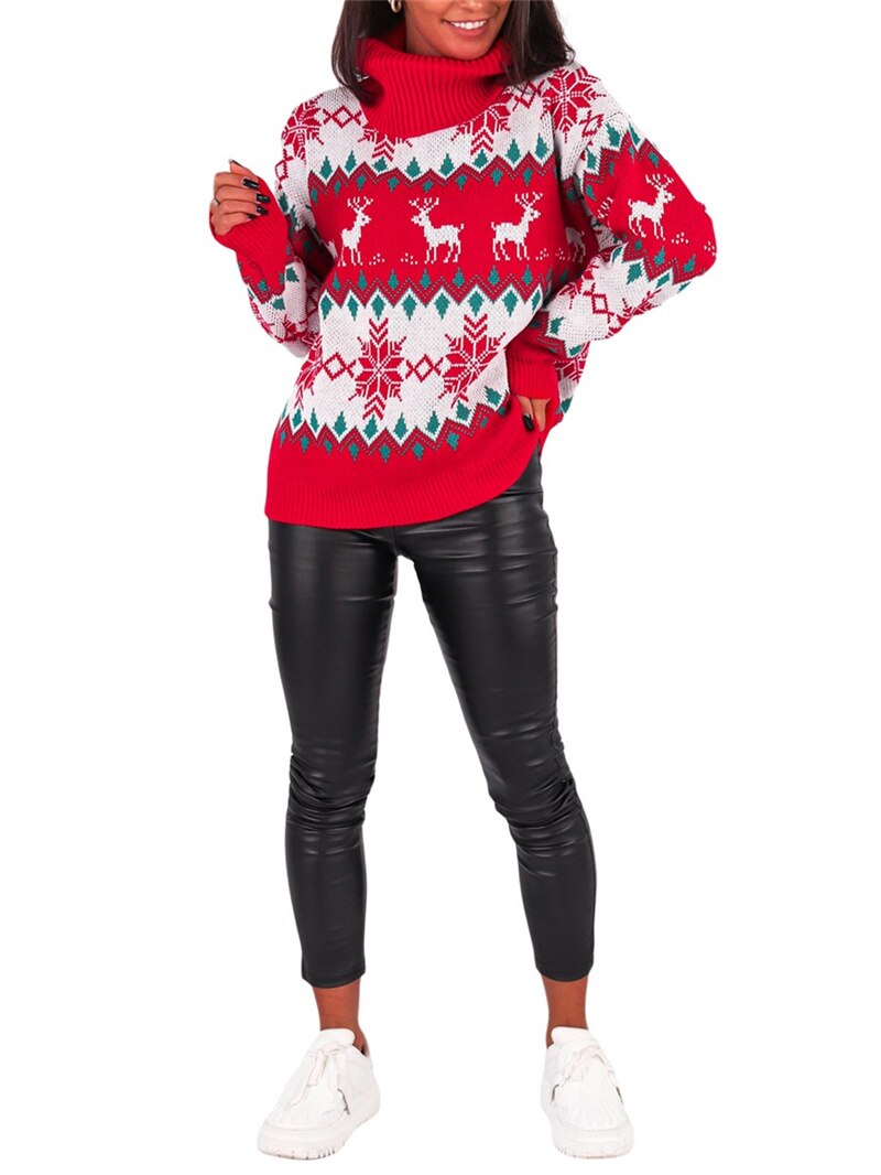 Women Christmas Sweater, Long Sleeve Jacquard Reindeer Tree Snowflake Turtleneck Knitwear, Ladies Loose Knitted Pullovers - Executive-Skincare