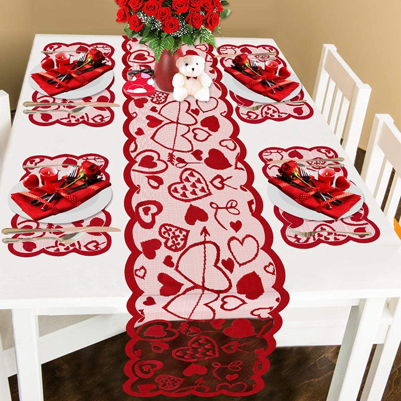 Valentine&#39;s Day Table Runner Placemats Love Heart Hollow Lace Table Runner for Wedding Valentines Party Decorations Supplies - Executive-Skincare