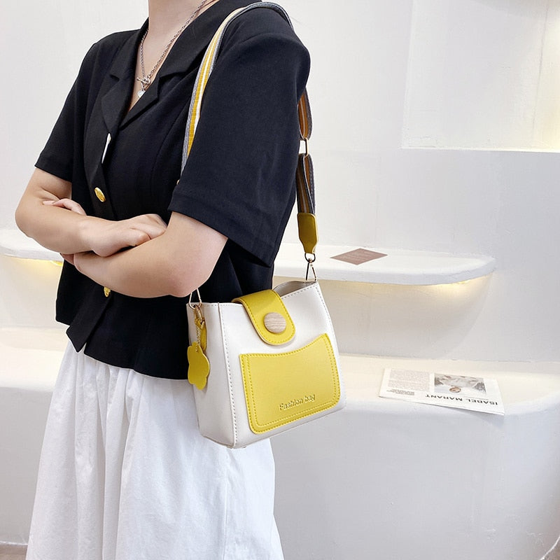 Small Women Bucket Shoulder Bags Contrast Color Leather Ladies Messenger Bag Broadband Crossbody Bags Casual Designer Handbags - Executive-Skincare