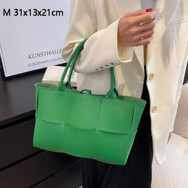 JIOMAY Large Capacity Handbags for Women 2022 Fashion Leather Woven Tote Bags Designer Solid Color Lacing Plaid PU Shoulder Bags - Executive-Skincare