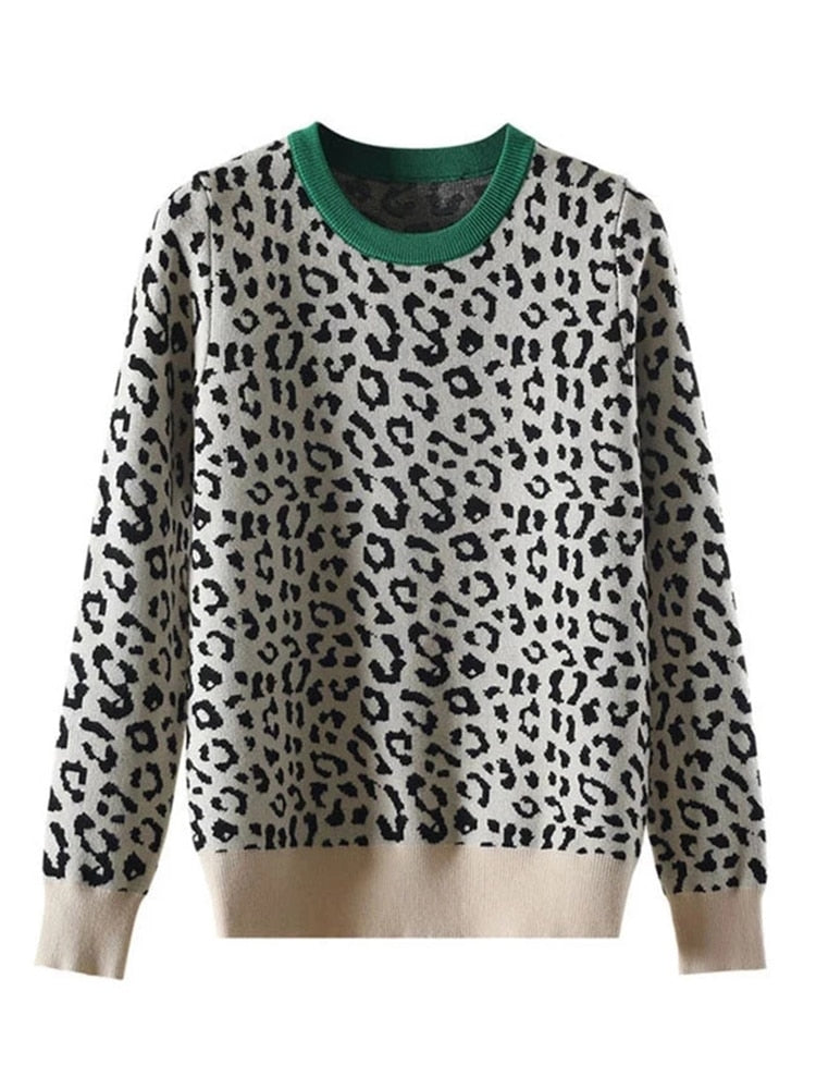 Autumn Winter Women Sweaters Leopard Knitted Pullovers Long Sleeve Contrast Color Crewneck Jumpers Sweter Mujer C- 026 - Executive-Skincare