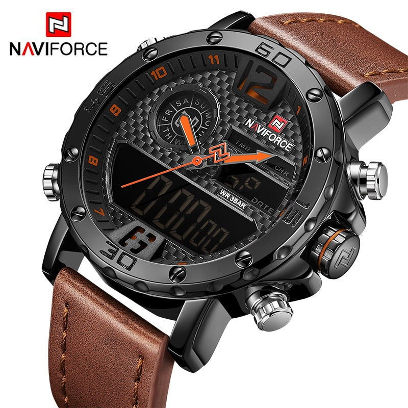 Mens Watches To Luxury Brand Men Leather Sports Watches NAVIFORCE Men&#39;s Quartz LED Digital Clock Waterproof Military Wrist Watch - Executive-Skincare