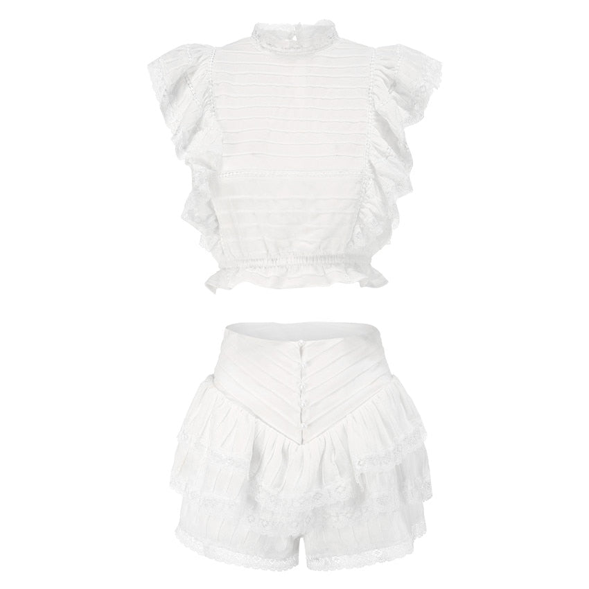 High Quality 2022 Sunday Set elastic waistband Cropped top with ruffle detail and cute ruffle mini shorts skirts - Executive-Skincare