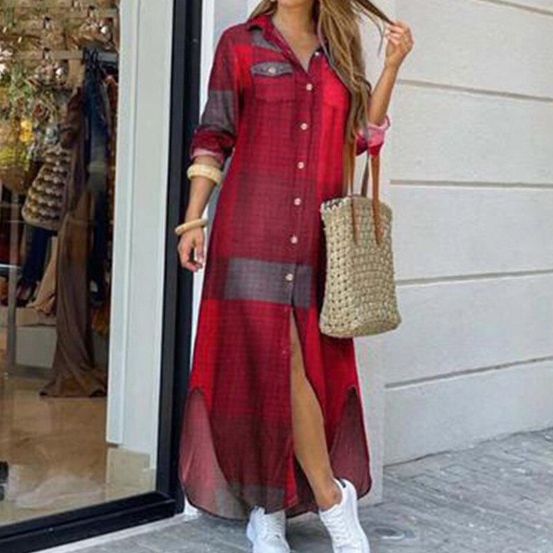 Summer Autumn Elegant Women Maxi Shirt Dresses Vintage Ladies Single-breasted Long Sleeve Vestidos Casual Plaid Robe Longue - Executive-Skincare