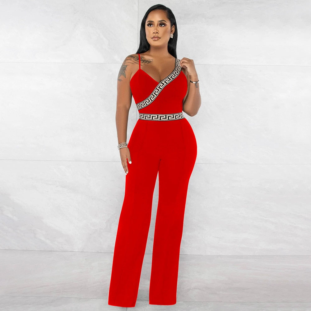 Spring Summer Fashion Jumpsuit Women&#39;s Printed Sexy V-Neck Sling High Waist Straight Pants Elegant Commuter Jumpsuit Women - Executive Quality Store